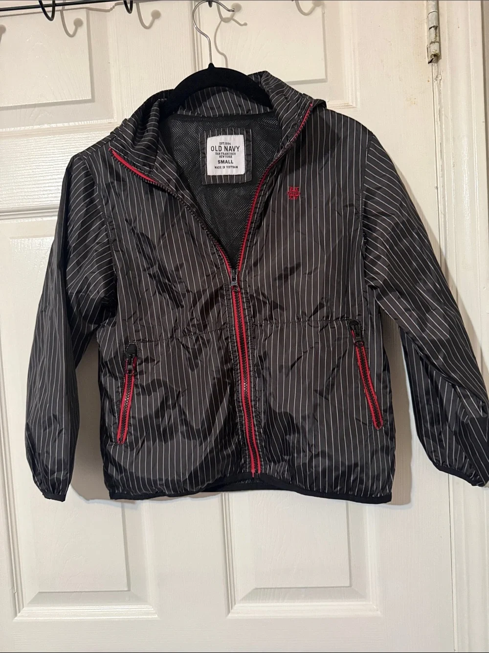 Old Navy Black Pinstripe Kid's Rain Jacket with Red Accents